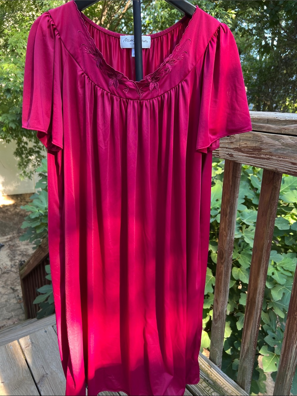 Miss Elaine Cranberry Short-Sleeve Nightgown with Embroidered Scoop Neck